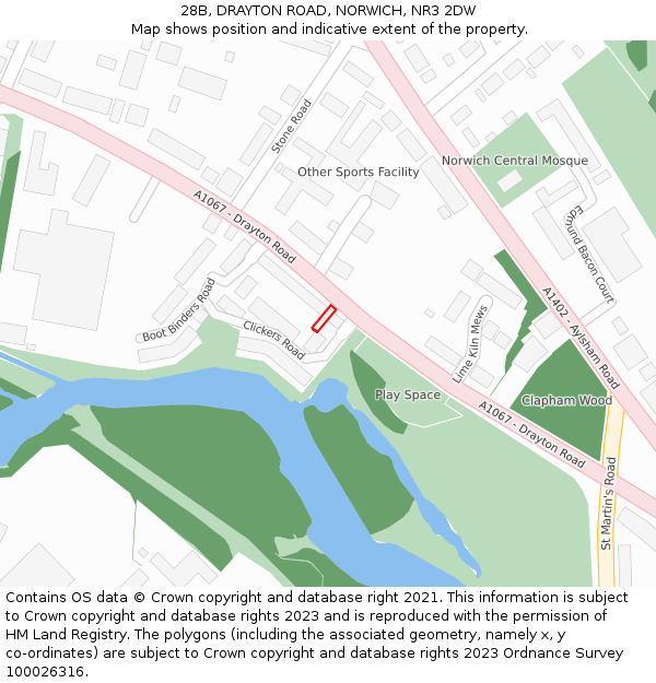 28B, DRAYTON ROAD, NORWICH, NR3 2DW: Location map and indicative extent of plot