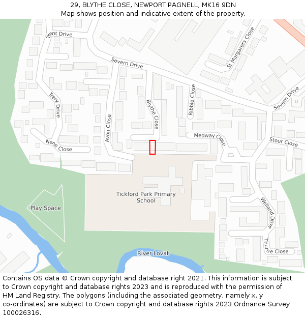 29, BLYTHE CLOSE, NEWPORT PAGNELL, MK16 9DN: Location map and indicative extent of plot