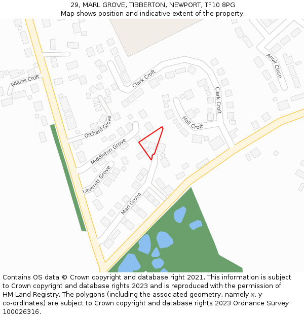29, MARL GROVE, TIBBERTON, NEWPORT, TF10 8PG: Location map and indicative extent of plot