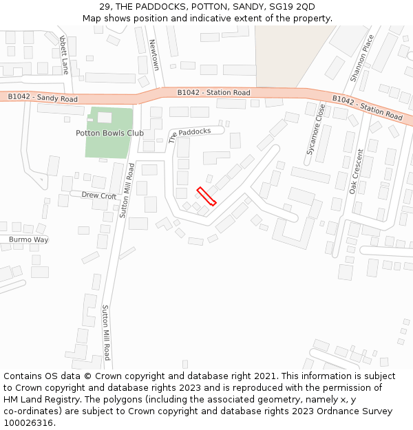 29, THE PADDOCKS, POTTON, SANDY, SG19 2QD: Location map and indicative extent of plot