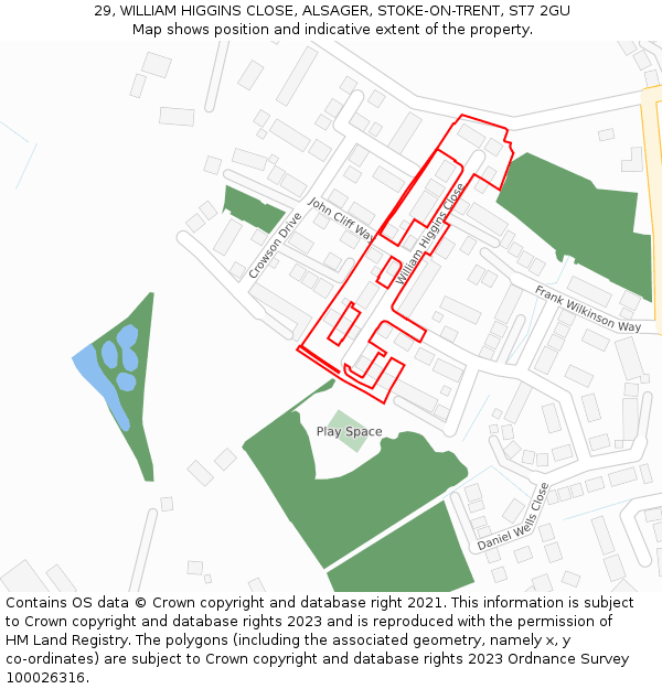 29, WILLIAM HIGGINS CLOSE, ALSAGER, STOKE-ON-TRENT, ST7 2GU: Location map and indicative extent of plot