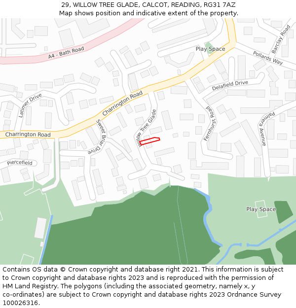 29, WILLOW TREE GLADE, CALCOT, READING, RG31 7AZ: Location map and indicative extent of plot
