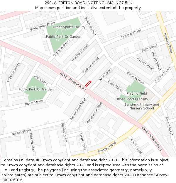 290, ALFRETON ROAD, NOTTINGHAM, NG7 5LU: Location map and indicative extent of plot