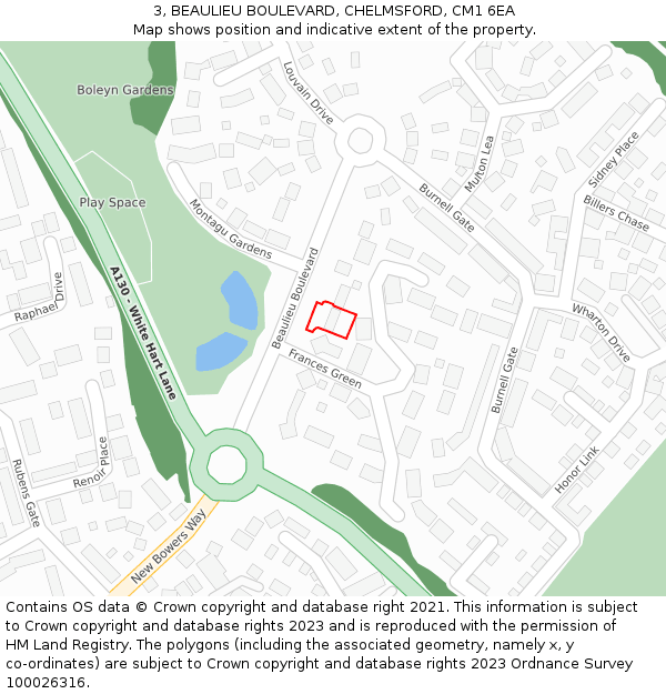 3, BEAULIEU BOULEVARD, CHELMSFORD, CM1 6EA: Location map and indicative extent of plot
