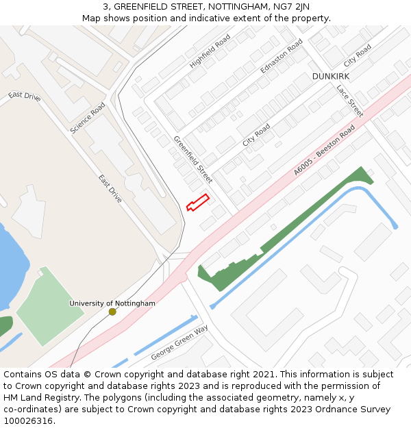 3, GREENFIELD STREET, NOTTINGHAM, NG7 2JN: Location map and indicative extent of plot