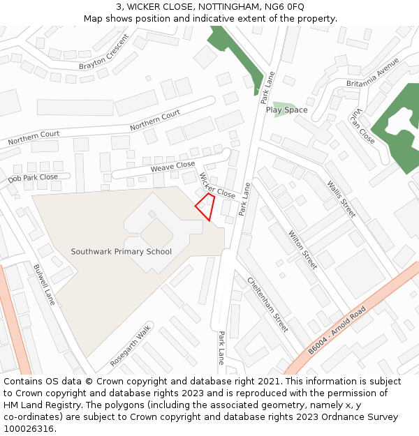 3, WICKER CLOSE, NOTTINGHAM, NG6 0FQ: Location map and indicative extent of plot