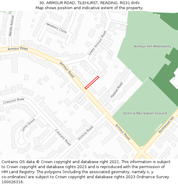 30, ARMOUR ROAD, TILEHURST, READING, RG31 6HN: Location map and indicative extent of plot