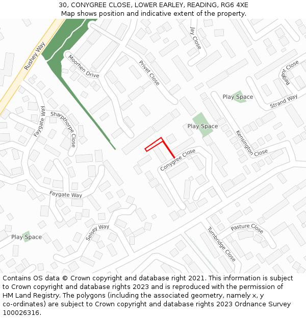 30, CONYGREE CLOSE, LOWER EARLEY, READING, RG6 4XE: Location map and indicative extent of plot