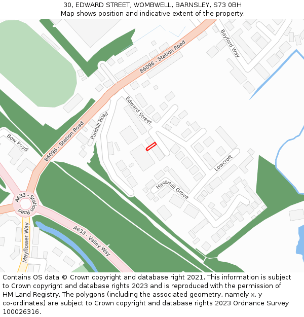 30, EDWARD STREET, WOMBWELL, BARNSLEY, S73 0BH: Location map and indicative extent of plot