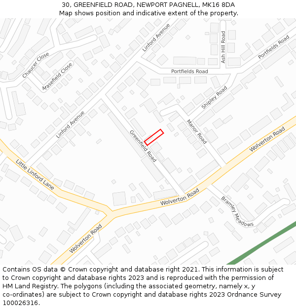 30, GREENFIELD ROAD, NEWPORT PAGNELL, MK16 8DA: Location map and indicative extent of plot