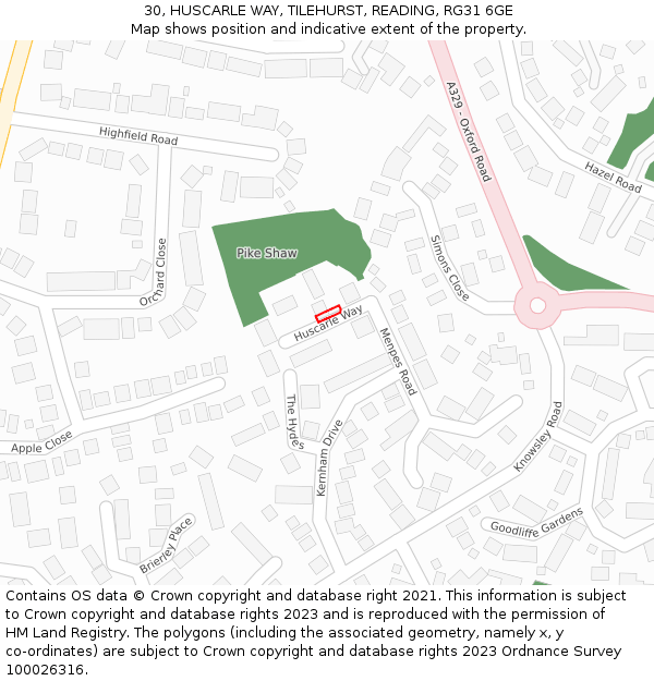 30, HUSCARLE WAY, TILEHURST, READING, RG31 6GE: Location map and indicative extent of plot