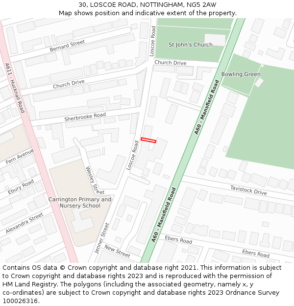 30, LOSCOE ROAD, NOTTINGHAM, NG5 2AW: Location map and indicative extent of plot