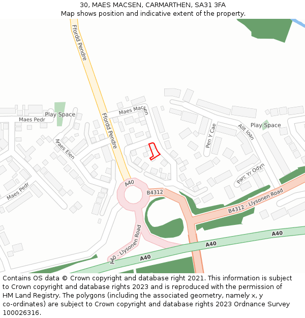 30, MAES MACSEN, CARMARTHEN, SA31 3FA: Location map and indicative extent of plot