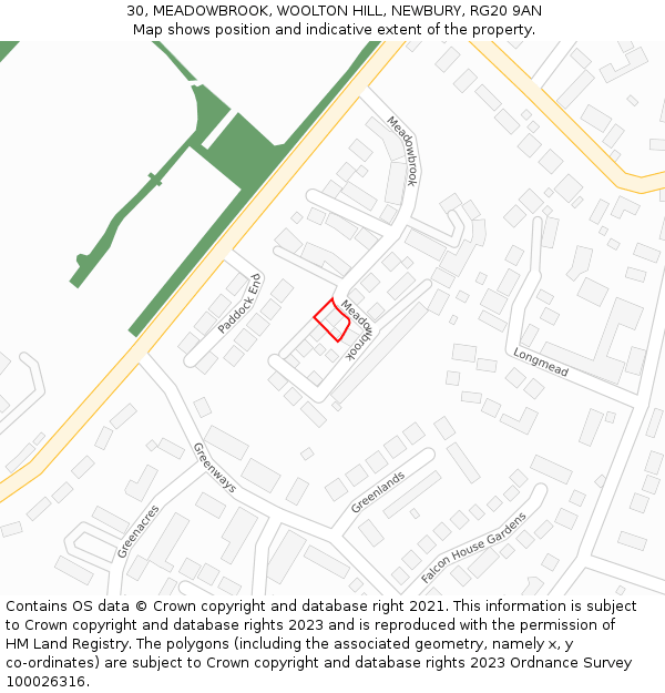 30, MEADOWBROOK, WOOLTON HILL, NEWBURY, RG20 9AN: Location map and indicative extent of plot