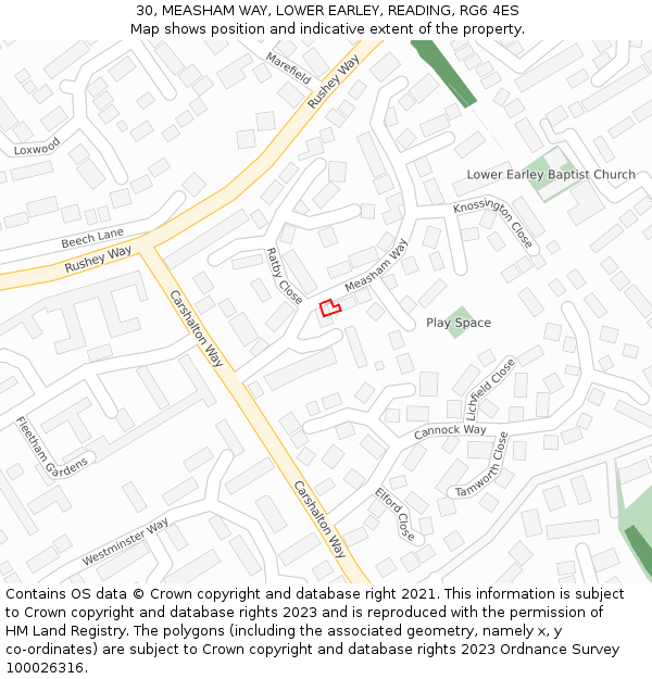 30, MEASHAM WAY, LOWER EARLEY, READING, RG6 4ES: Location map and indicative extent of plot
