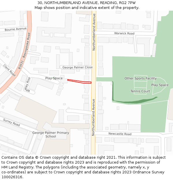 30, NORTHUMBERLAND AVENUE, READING, RG2 7PW: Location map and indicative extent of plot