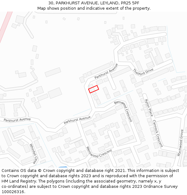 30, PARKHURST AVENUE, LEYLAND, PR25 5PF: Location map and indicative extent of plot