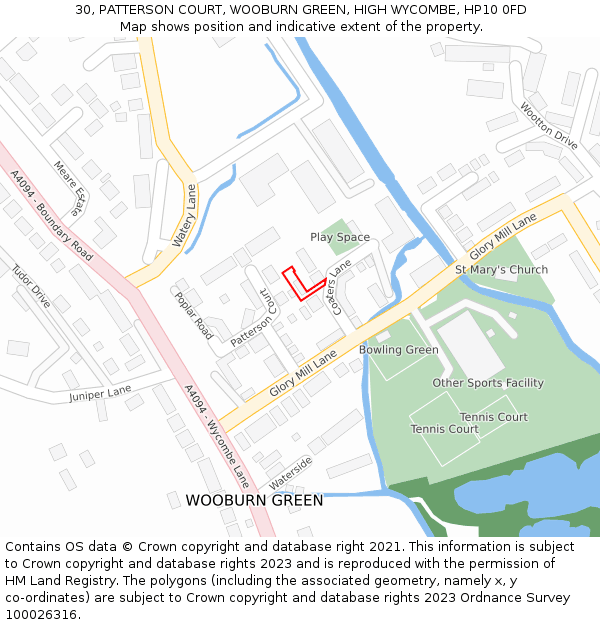 30, PATTERSON COURT, WOOBURN GREEN, HIGH WYCOMBE, HP10 0FD: Location map and indicative extent of plot