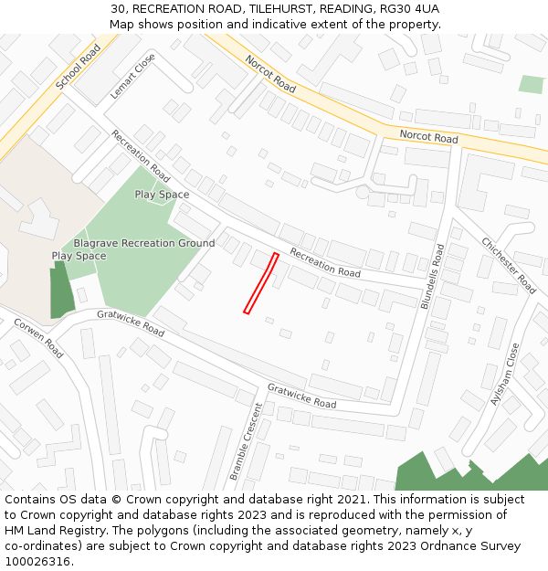 30, RECREATION ROAD, TILEHURST, READING, RG30 4UA: Location map and indicative extent of plot