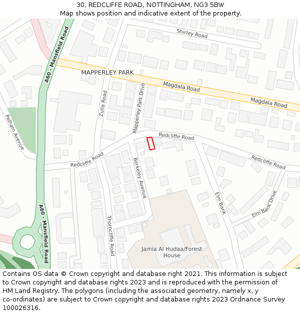 30, REDCLIFFE ROAD, NOTTINGHAM, NG3 5BW: Location map and indicative extent of plot