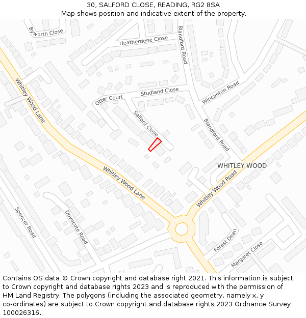 30, SALFORD CLOSE, READING, RG2 8SA: Location map and indicative extent of plot