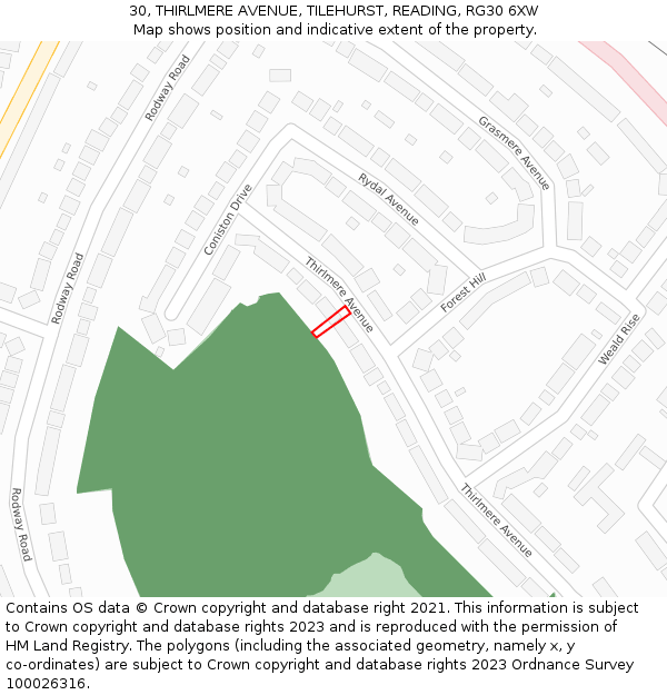 30, THIRLMERE AVENUE, TILEHURST, READING, RG30 6XW: Location map and indicative extent of plot
