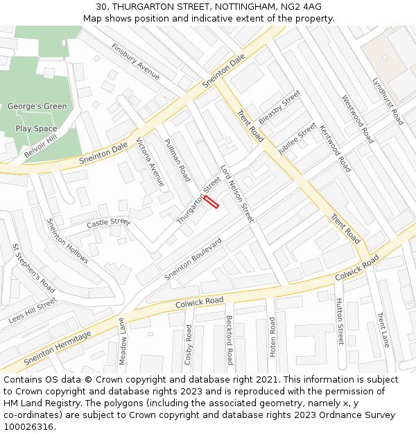 30, THURGARTON STREET, NOTTINGHAM, NG2 4AG: Location map and indicative extent of plot