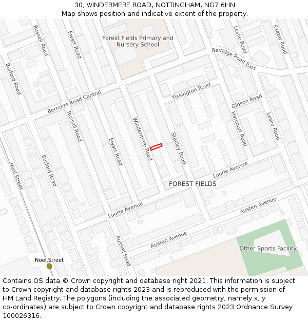 30, WINDERMERE ROAD, NOTTINGHAM, NG7 6HN: Location map and indicative extent of plot