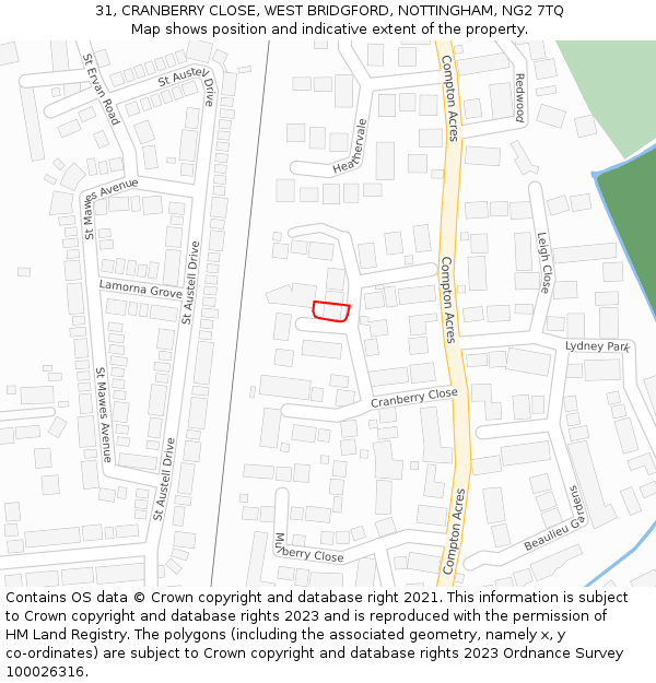 31, CRANBERRY CLOSE, WEST BRIDGFORD, NOTTINGHAM, NG2 7TQ: Location map and indicative extent of plot