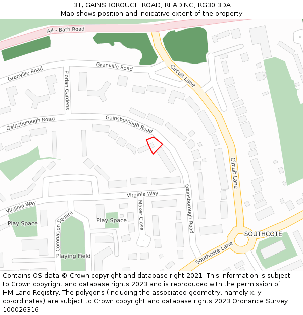 31, GAINSBOROUGH ROAD, READING, RG30 3DA: Location map and indicative extent of plot