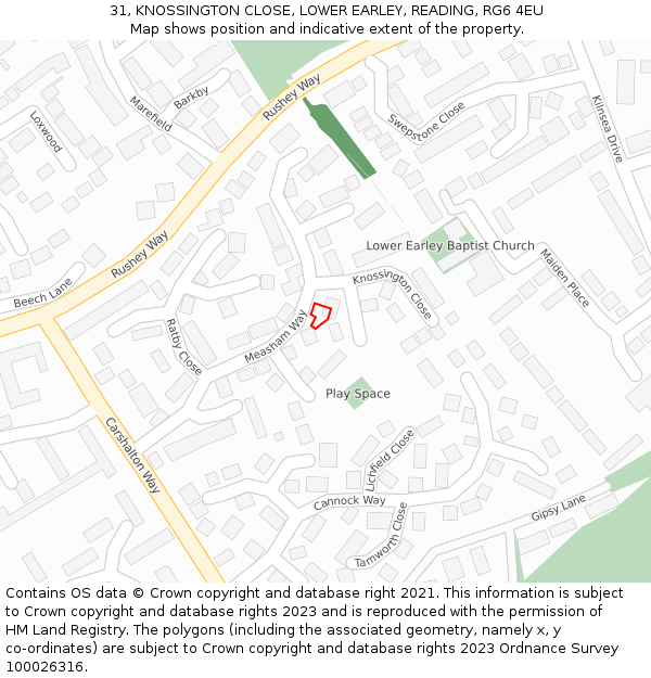 31, KNOSSINGTON CLOSE, LOWER EARLEY, READING, RG6 4EU: Location map and indicative extent of plot