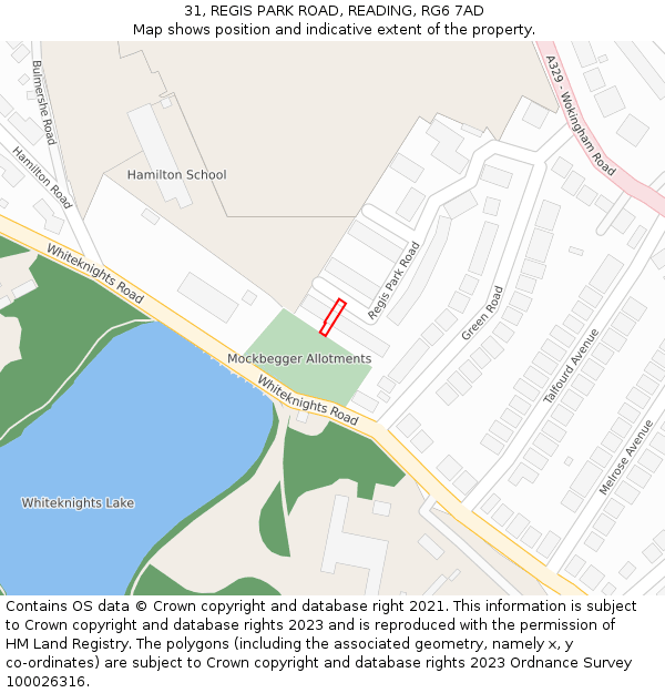 31, REGIS PARK ROAD, READING, RG6 7AD: Location map and indicative extent of plot
