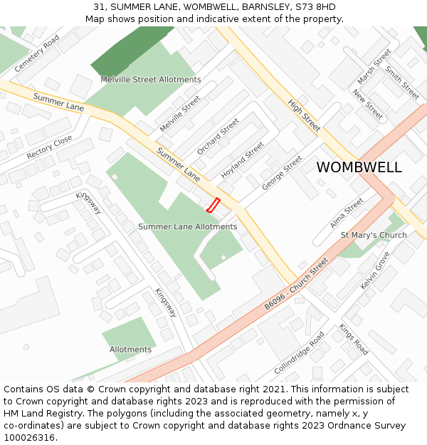 31, SUMMER LANE, WOMBWELL, BARNSLEY, S73 8HD: Location map and indicative extent of plot