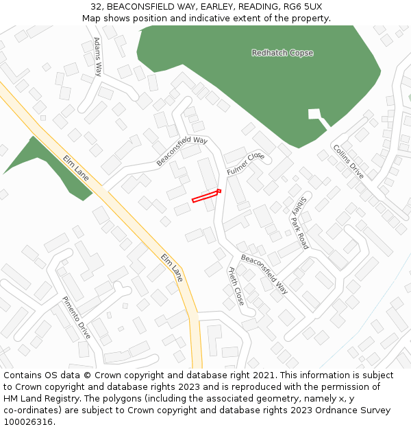 32, BEACONSFIELD WAY, EARLEY, READING, RG6 5UX: Location map and indicative extent of plot