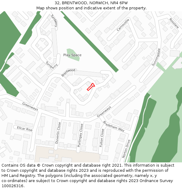 32, BRENTWOOD, NORWICH, NR4 6PW: Location map and indicative extent of plot