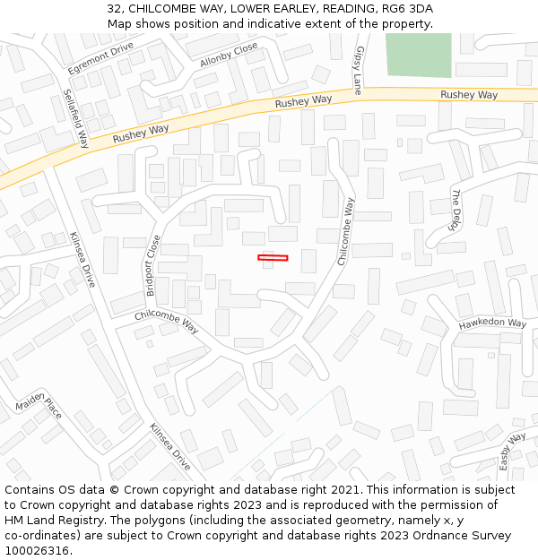 32, CHILCOMBE WAY, LOWER EARLEY, READING, RG6 3DA: Location map and indicative extent of plot