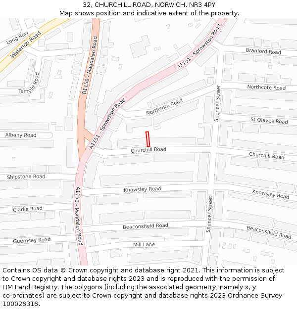 32, CHURCHILL ROAD, NORWICH, NR3 4PY: Location map and indicative extent of plot