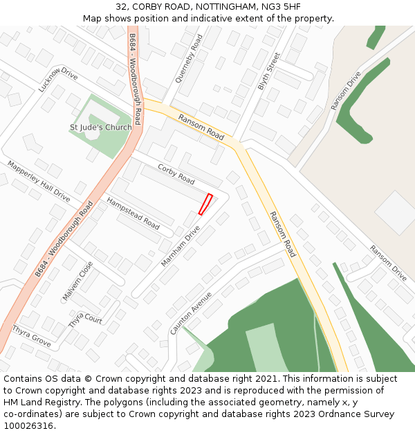 32, CORBY ROAD, NOTTINGHAM, NG3 5HF: Location map and indicative extent of plot