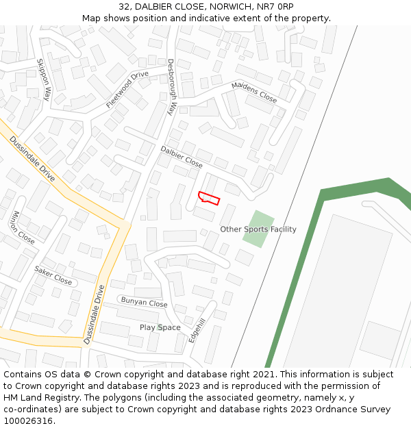 32, DALBIER CLOSE, NORWICH, NR7 0RP: Location map and indicative extent of plot