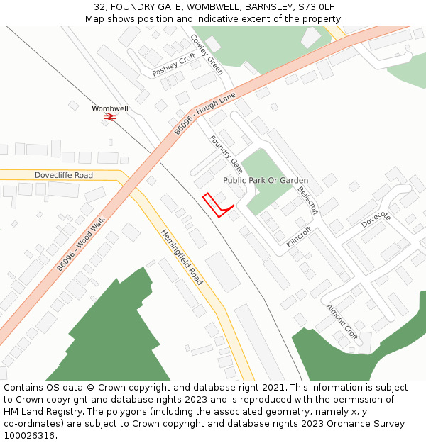 32, FOUNDRY GATE, WOMBWELL, BARNSLEY, S73 0LF: Location map and indicative extent of plot