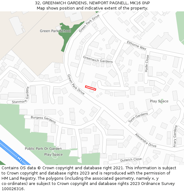 32, GREENWICH GARDENS, NEWPORT PAGNELL, MK16 0NP: Location map and indicative extent of plot