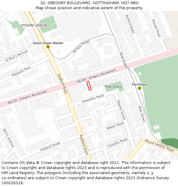 32, GREGORY BOULEVARD, NOTTINGHAM, NG7 6BG: Location map and indicative extent of plot