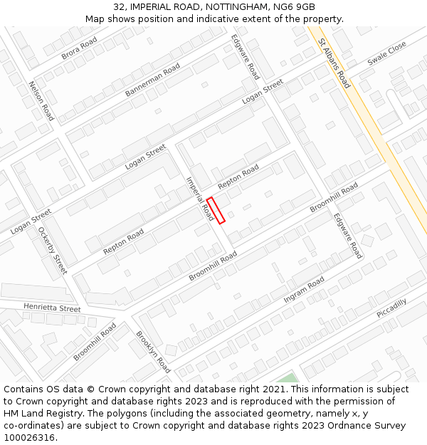 32, IMPERIAL ROAD, NOTTINGHAM, NG6 9GB: Location map and indicative extent of plot