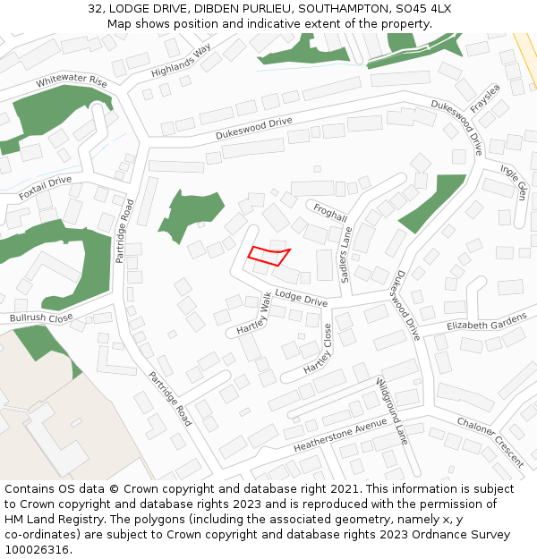 32, LODGE DRIVE, DIBDEN PURLIEU, SOUTHAMPTON, SO45 4LX: Location map and indicative extent of plot
