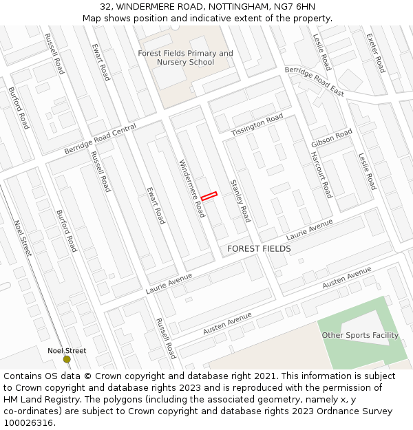 32, WINDERMERE ROAD, NOTTINGHAM, NG7 6HN: Location map and indicative extent of plot
