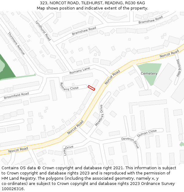 323, NORCOT ROAD, TILEHURST, READING, RG30 6AG: Location map and indicative extent of plot