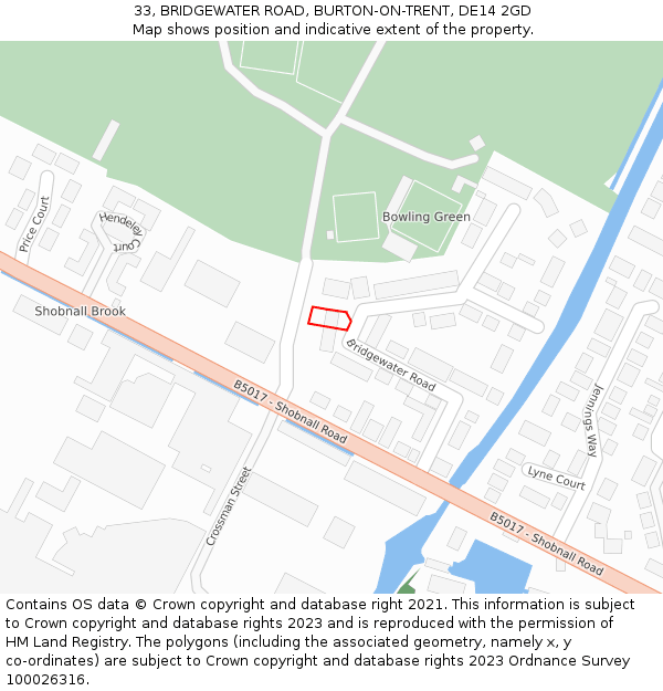 33, BRIDGEWATER ROAD, BURTON-ON-TRENT, DE14 2GD: Location map and indicative extent of plot