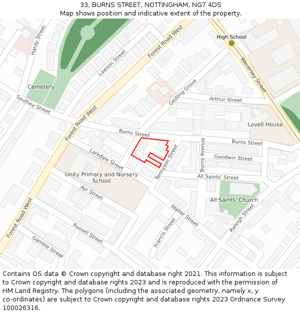 33, BURNS STREET, NOTTINGHAM, NG7 4DS: Location map and indicative extent of plot
