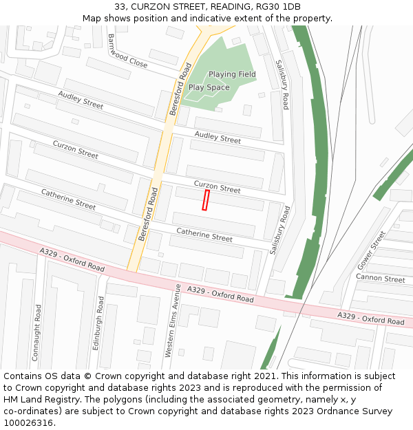 33, CURZON STREET, READING, RG30 1DB: Location map and indicative extent of plot