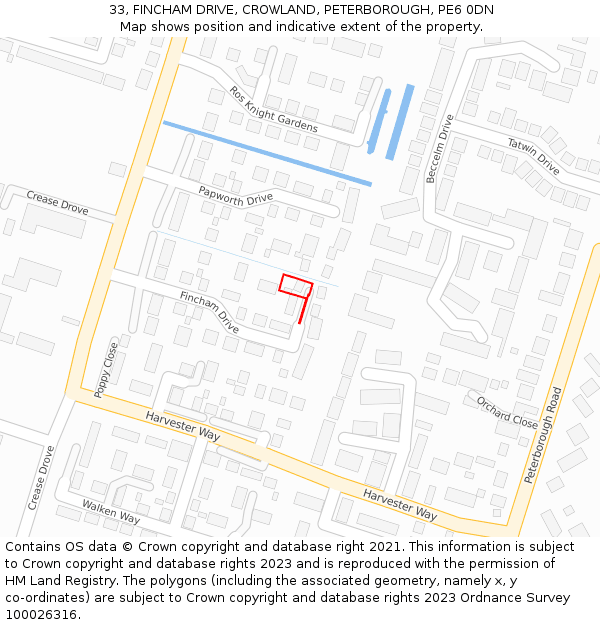 33, FINCHAM DRIVE, CROWLAND, PETERBOROUGH, PE6 0DN: Location map and indicative extent of plot